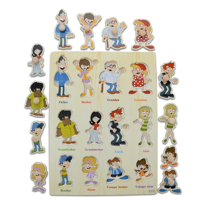 Alibeibei családi kirakó, fából készült, 12 darabos segédfogantyúval