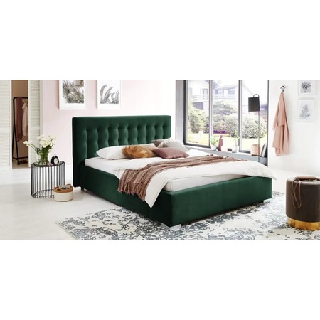 Pat Tapitat, Prestige, Strasbourg, cu Somiera rabatabila si Lada de depozitare, Material Tapiterie Catifea, 160x200 Verde smarald