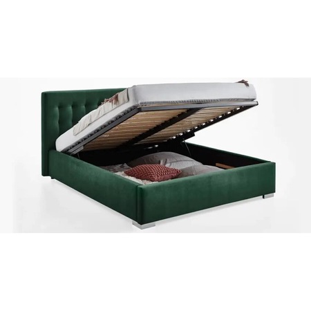 Pat Tapitat, Prestige, Strasbourg, cu Somiera rabatabila si Lada de depozitare, Material Tapiterie Catifea, 160x200 Verde smarald