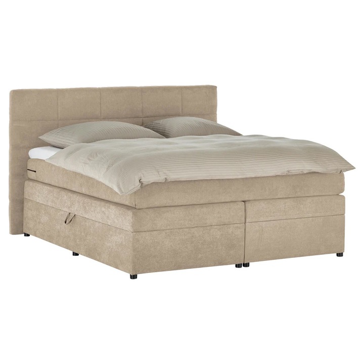 Pat Boxspring, Prestige, Gibson, 160x200 cm, Lada de Depozitare, Tapiterie din Microfibra, Saltea si Topper inclus, Bej