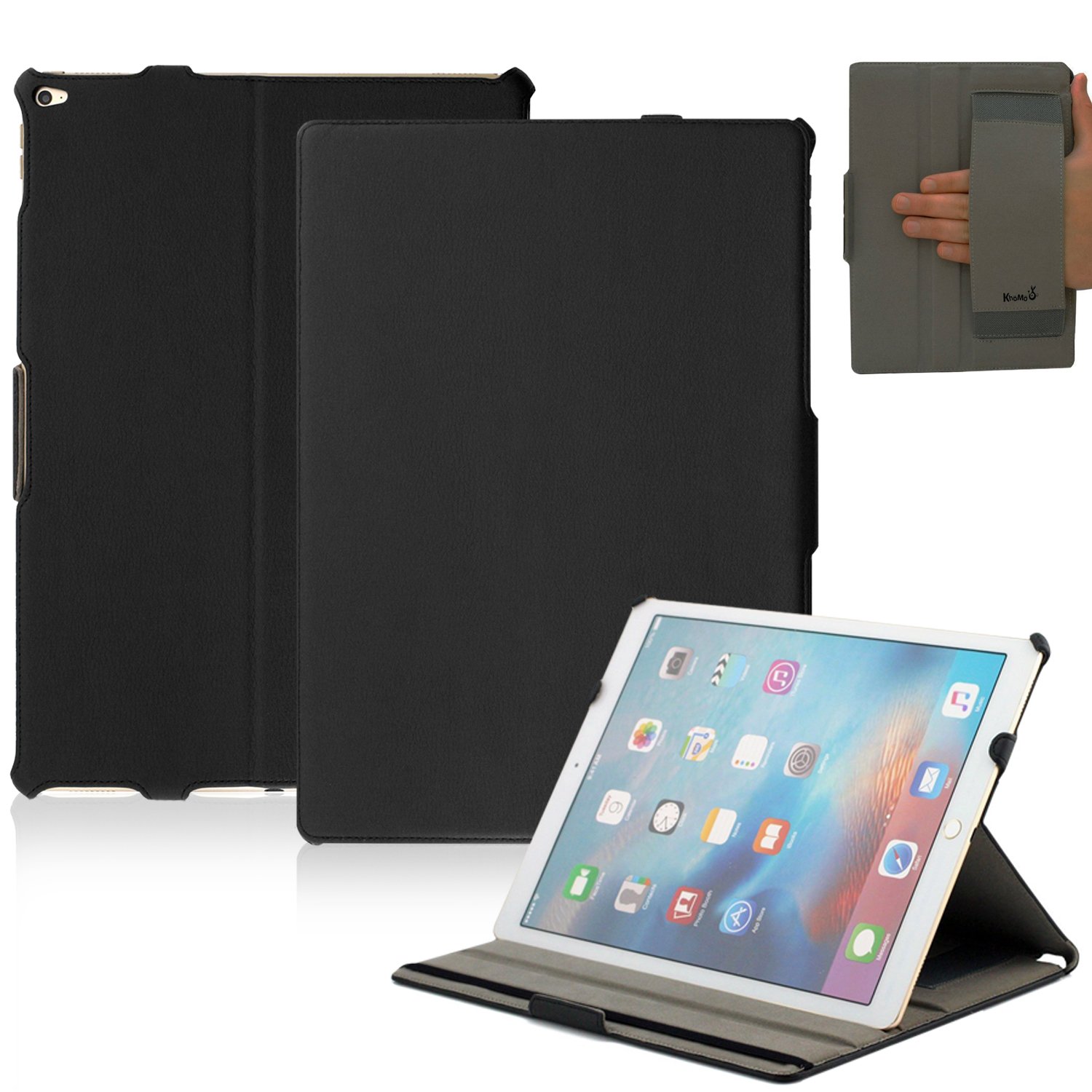 Husa de protectie UltraSlim KHOMO pentru iPad Pro 12.9 2015, Curea din piele, Negru