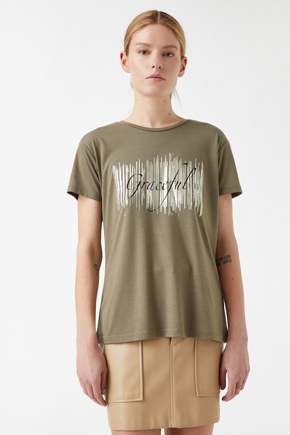 KOTON, Tricou cu decolteu la baza gatului si imprimeu, Verde militar, S