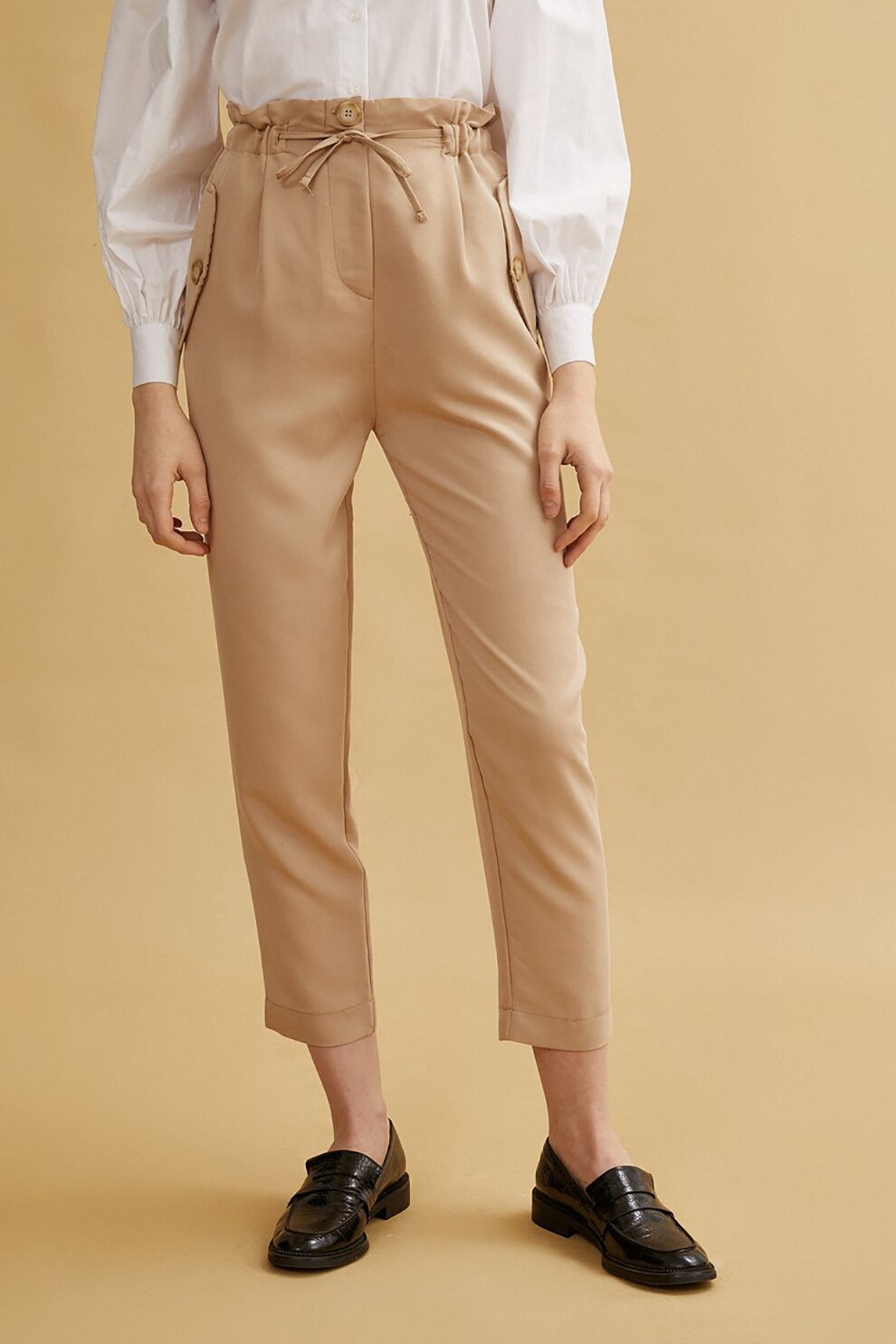 KOTON, Pantaloni cu talie inalta si snur, Bej, M