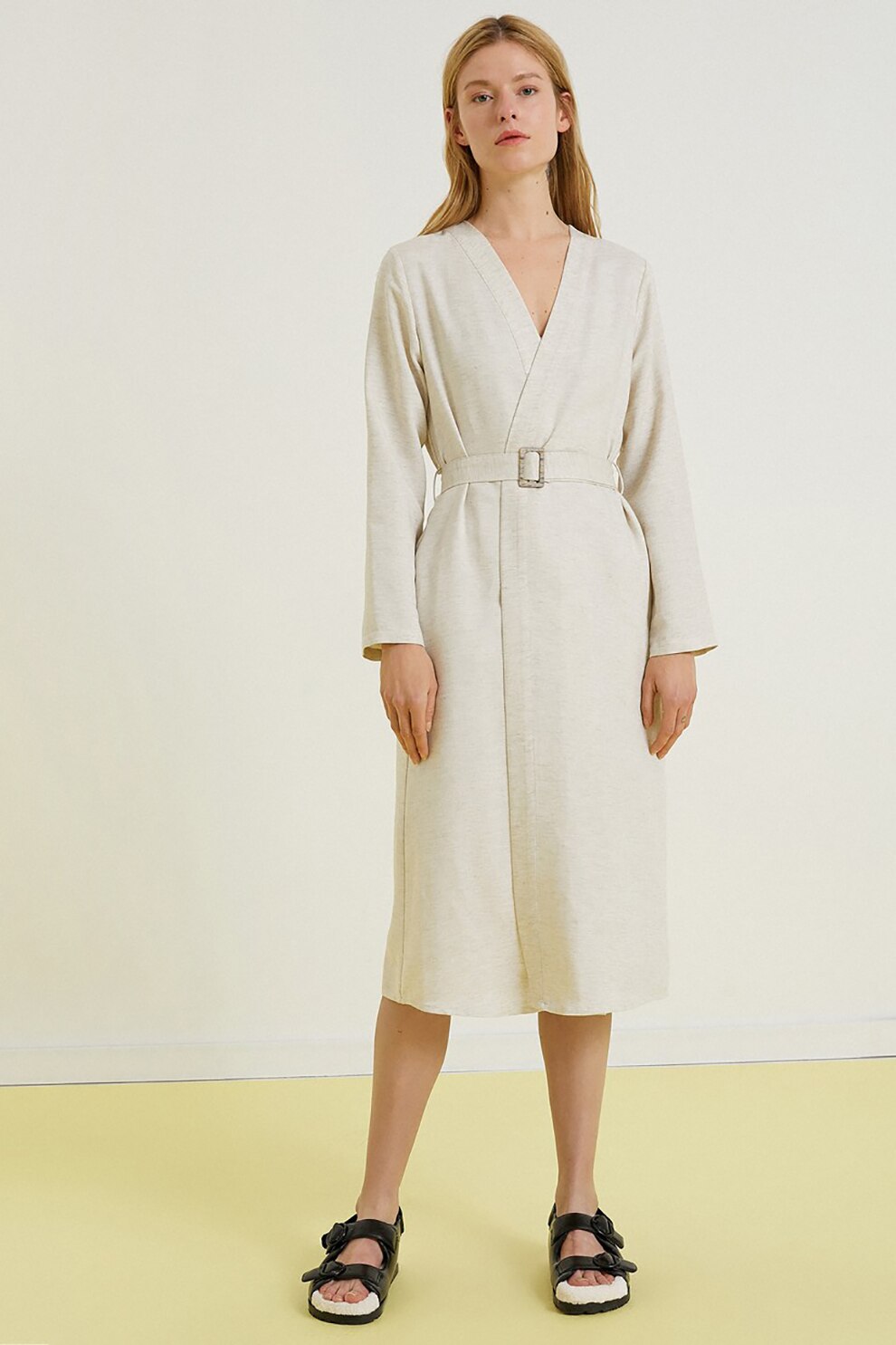 KOTON, Rochie tip kimono din amestec de in, Bej, S