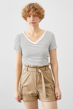 KOTON, Tricou crop striat cu decolteu in V, Alb/Negru KOTON, Tricou crop striat cu decolteu in V, Alb/Negru