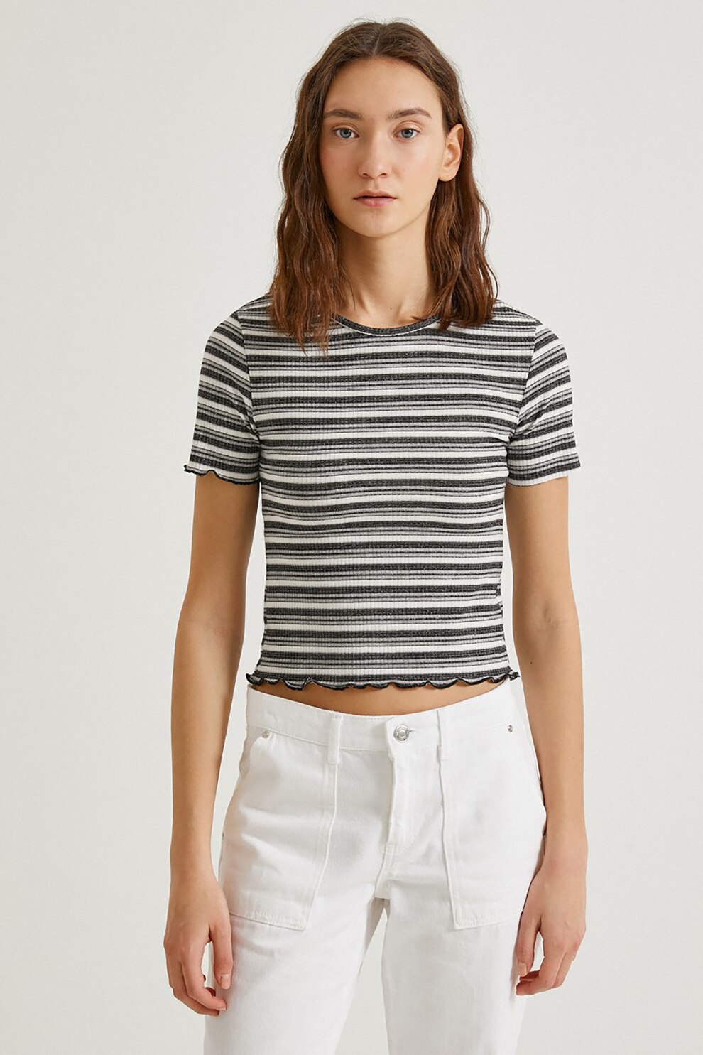 KOTON, Tricou crop striat cu decolteu la baza gatului, Alb/Gri