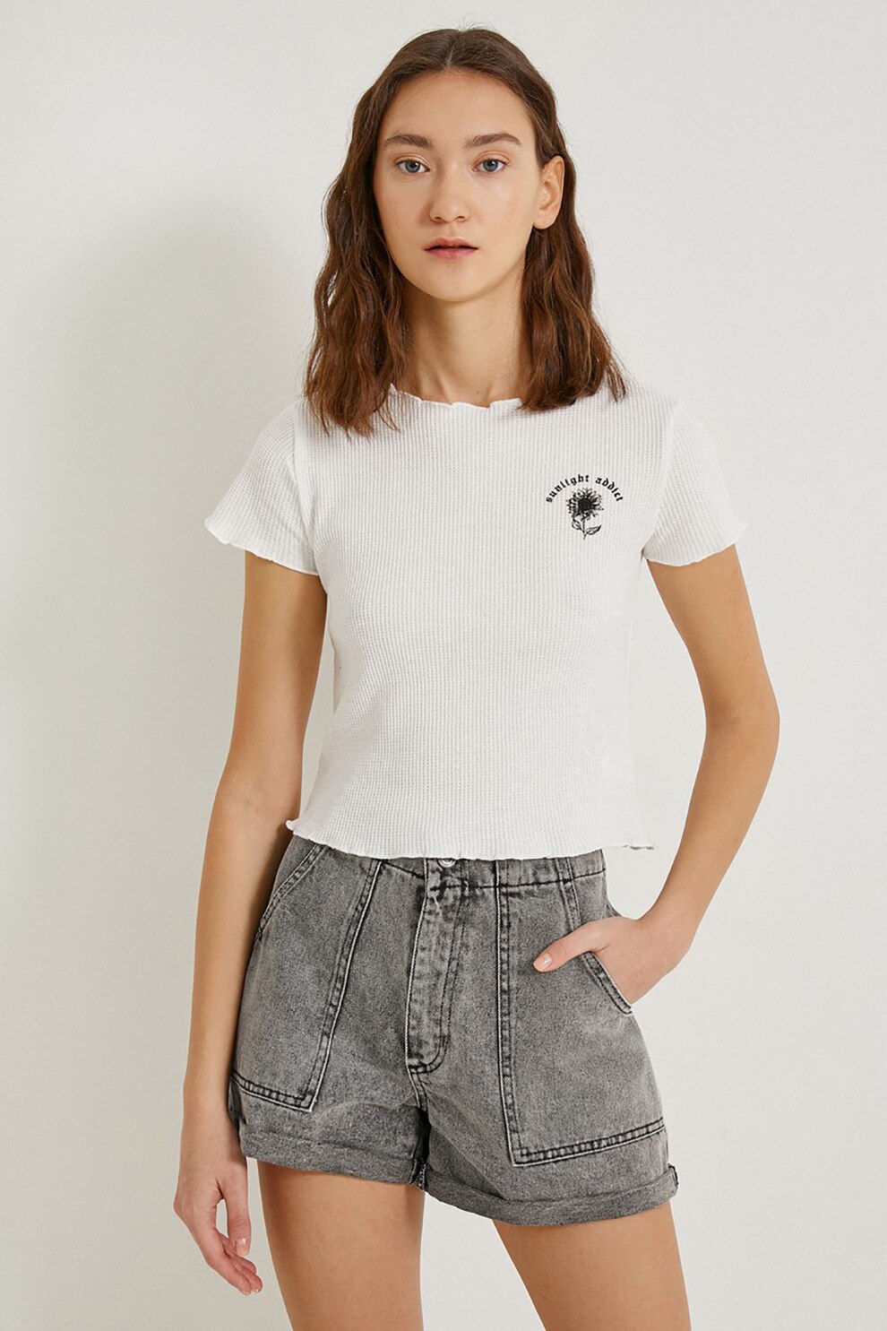 KOTON, Tricou crop cu imprimeu grafic, Alb