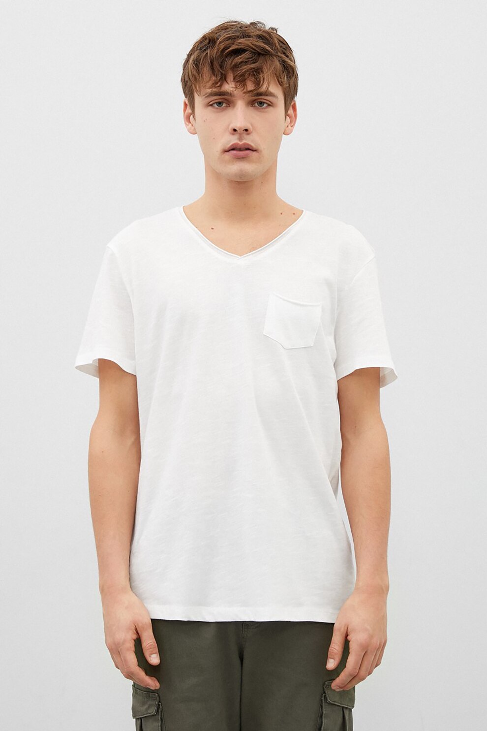 KOTON, Tricou din jerseu cu decolteu in V si buzunar pe piept, Alb, XS