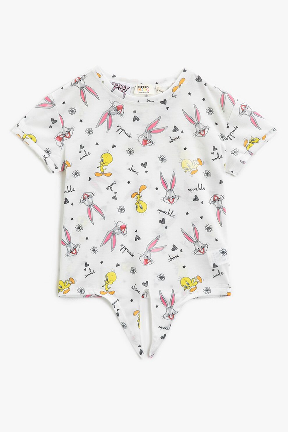 KOTON, Tricou cu nod si model cu Looney Tunes, Alb/Roz/Galben