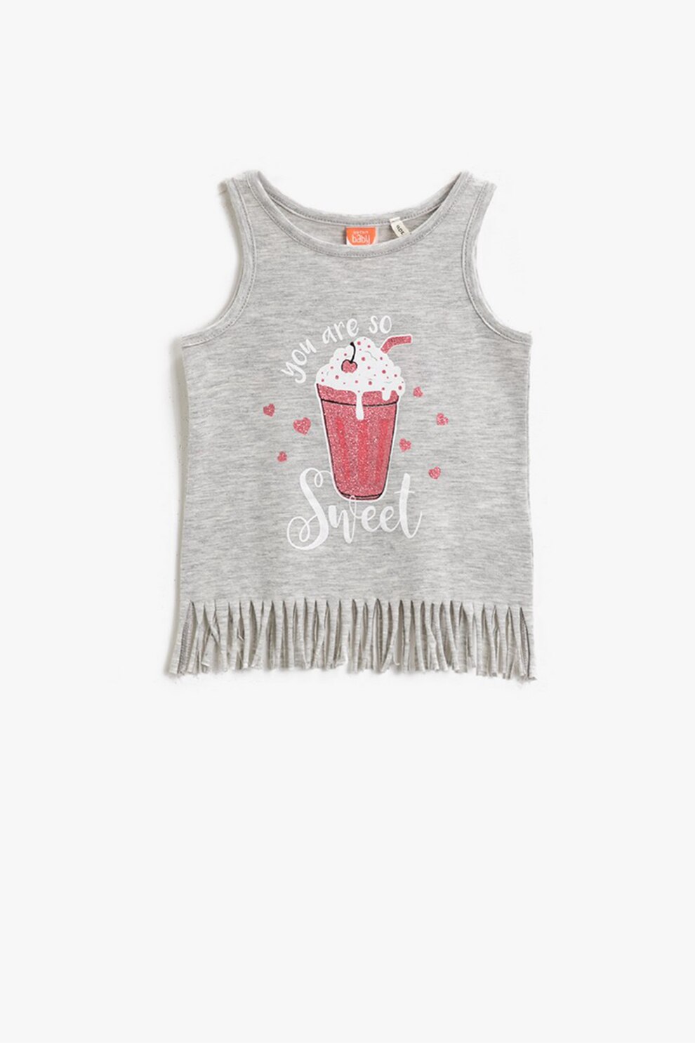 KOTON, Top cu imprimeu si terminatie franjurata, Gri melange