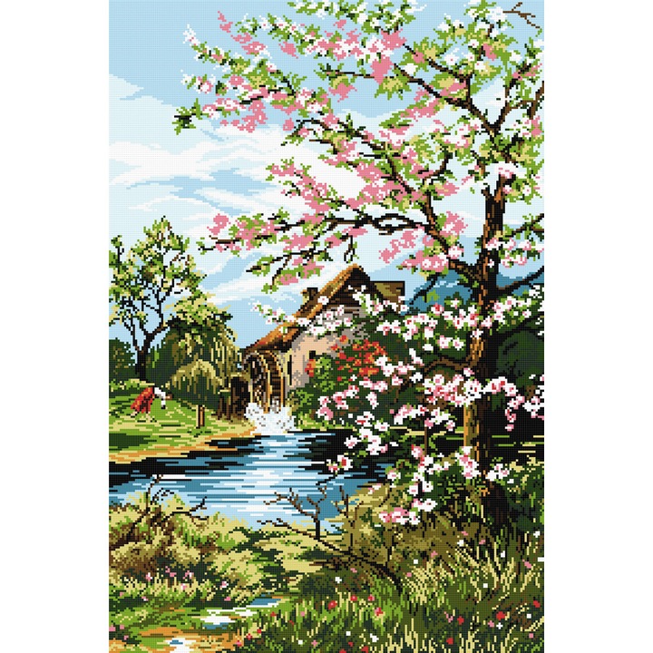 Goblen Primavara , Hudemas , kit cu diagrama alb-negru , cu fire mouline 20x30cm