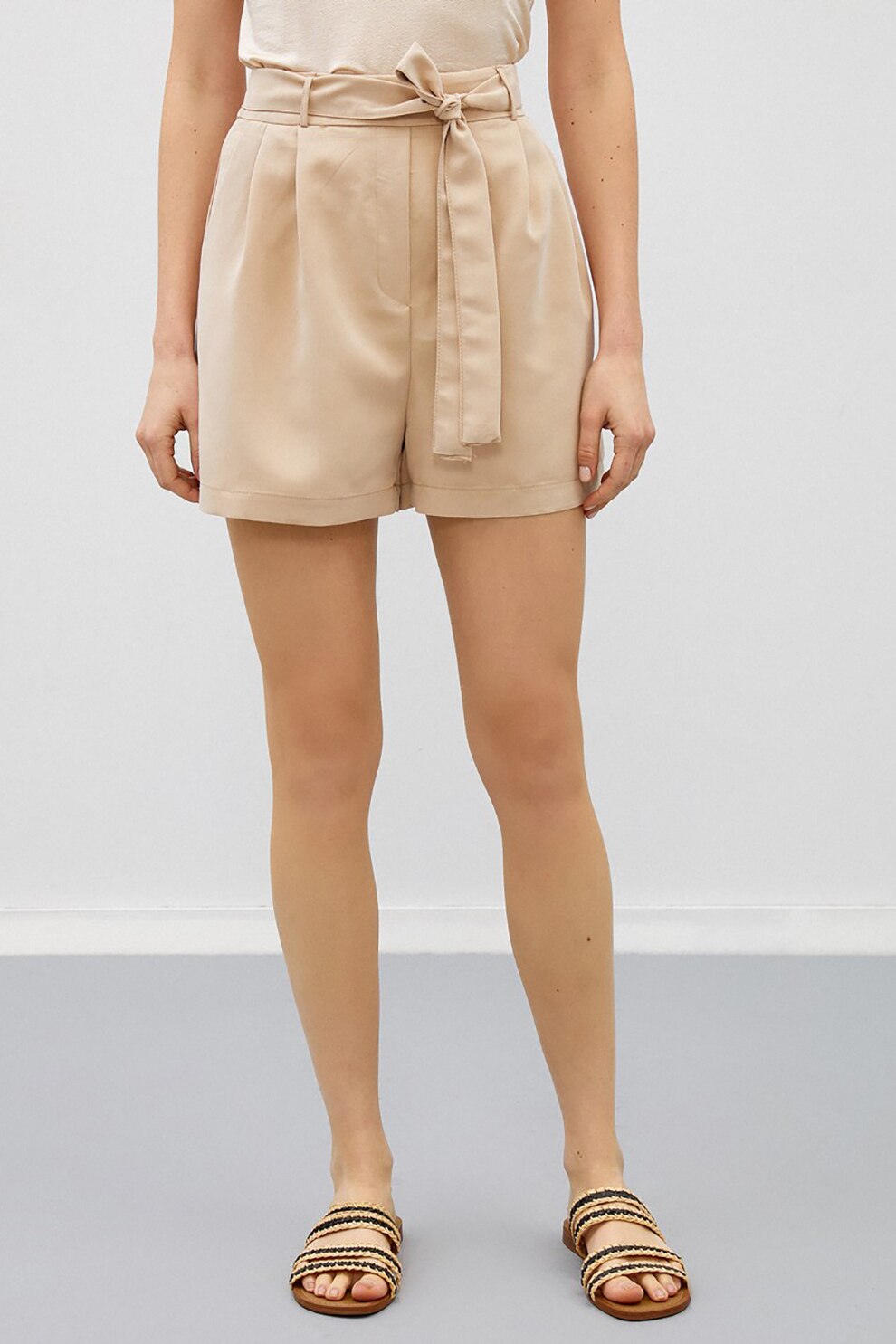 KOTON, Pantaloni scurti din amestec de modal cu snur, Bej, XL