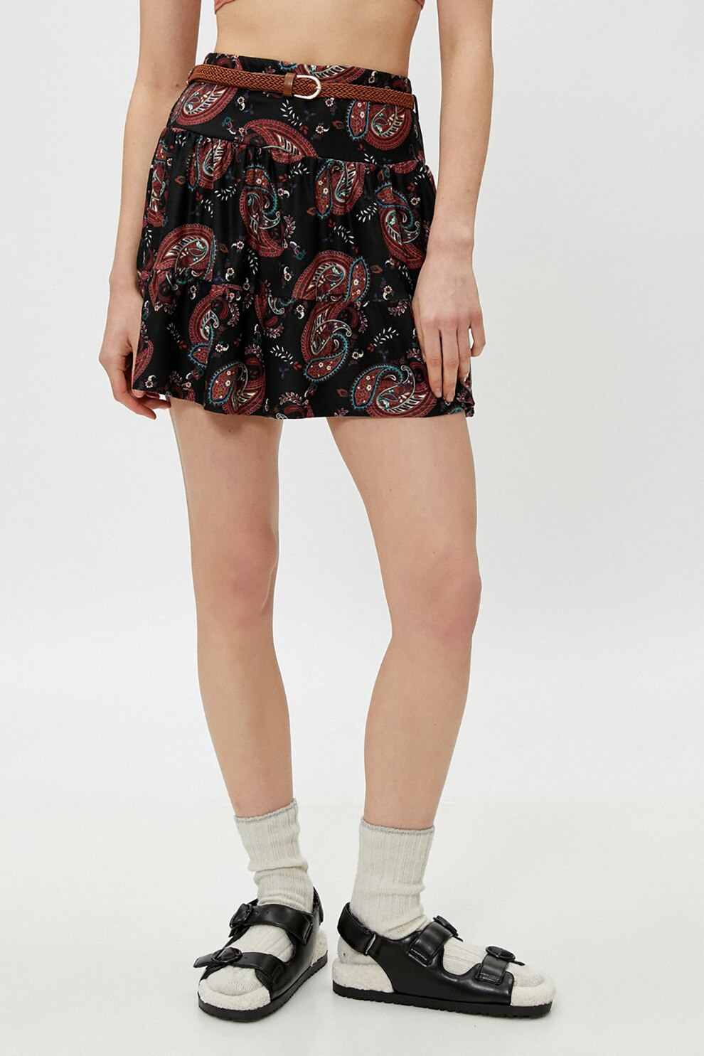 KOTON, Fusta mini evazata cu impimeu paisley, Negru/Maro/Albastru