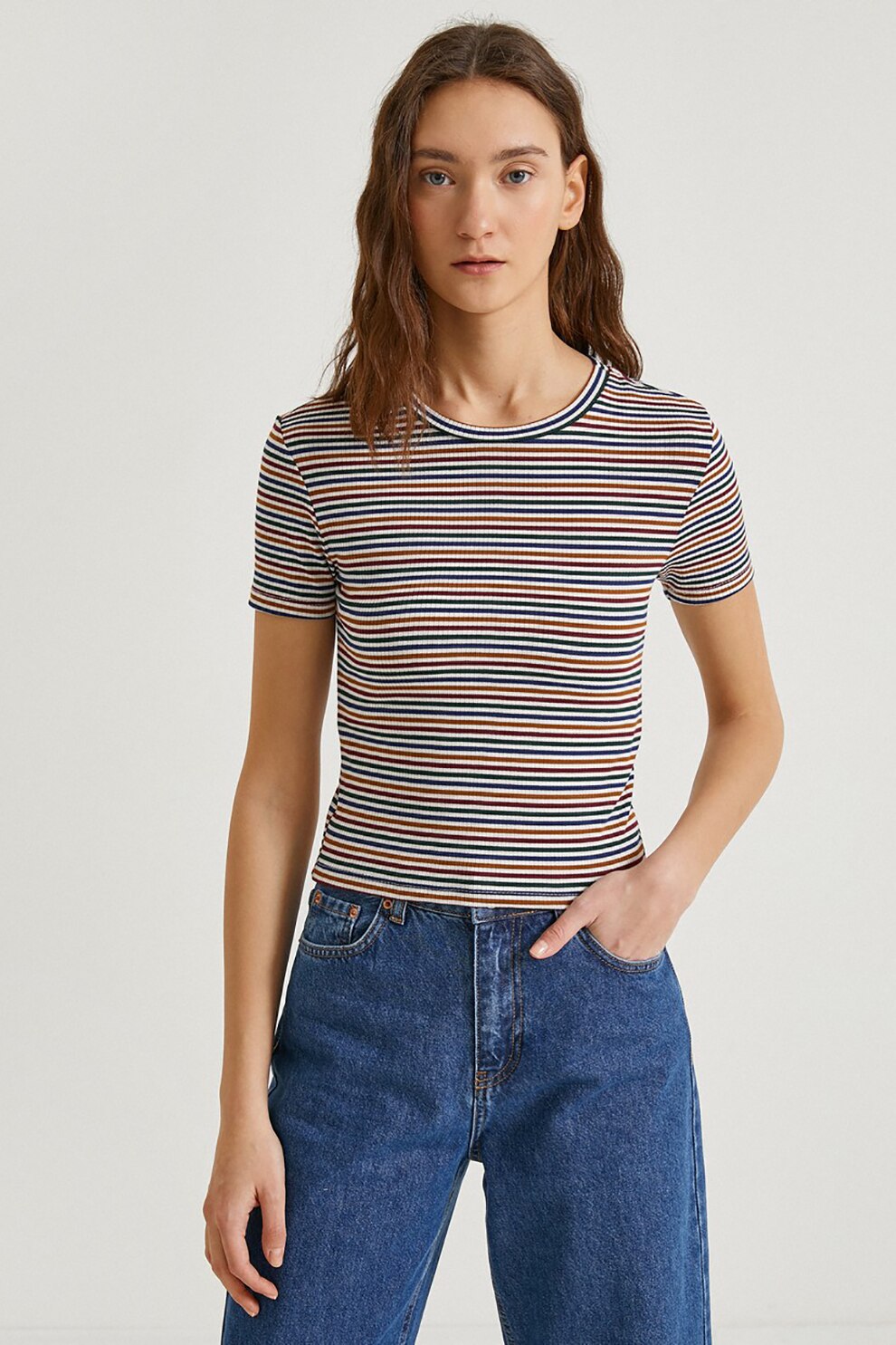 KOTON, Tricou crop cu decolteu la baza gatului, Multicolora