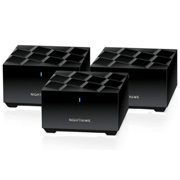 Router Wi-Fi Netgear Nighthawk MK63, sistem mesh, router si 2 sateliti, 4K UHD, dual-band, tehnologie Wi-Fi 6, negru Router Wi-Fi Netgear Nighthawk MK63, sistem mesh, router si 2 sateliti, 4K UHD, dual-band, tehnologie Wi-Fi 6, negru