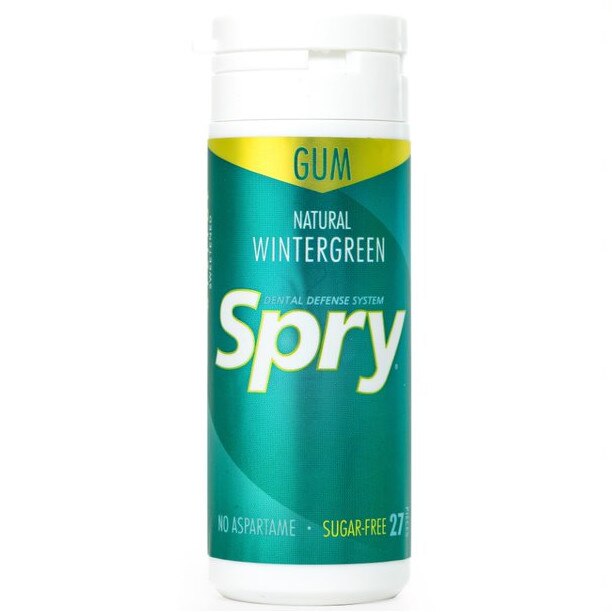 Guma de mestecat cu xylitol, Spry de la Xlear, fara zahar, 100% ingrediente naturale, aroma wintergreen, tub 27 bucati