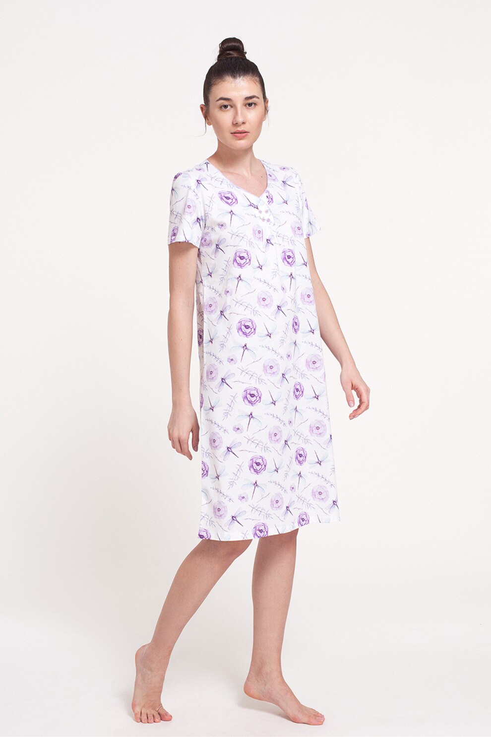 Sofiaman, Camasa de noapte de bumbac organic cu imprimeu Deborah, Alb/Lila, S