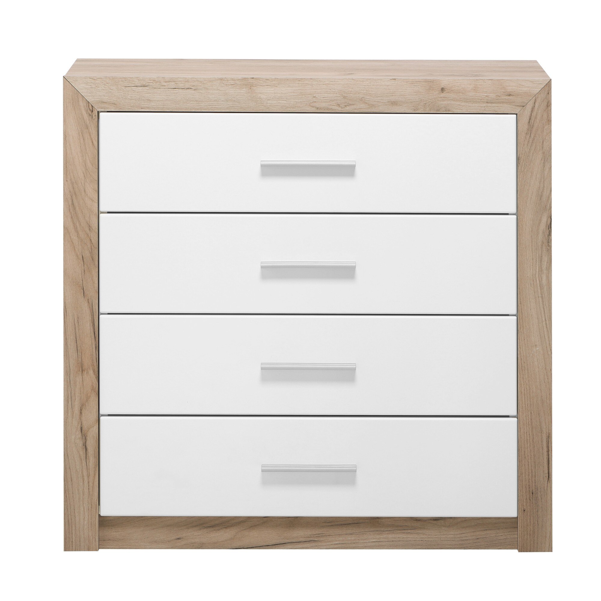 Comoda dormitor iMK®, PAL melaminat, 4 sertare, stejar gri si folie lucioasa alba, 93 x 90.5 x 35 cm