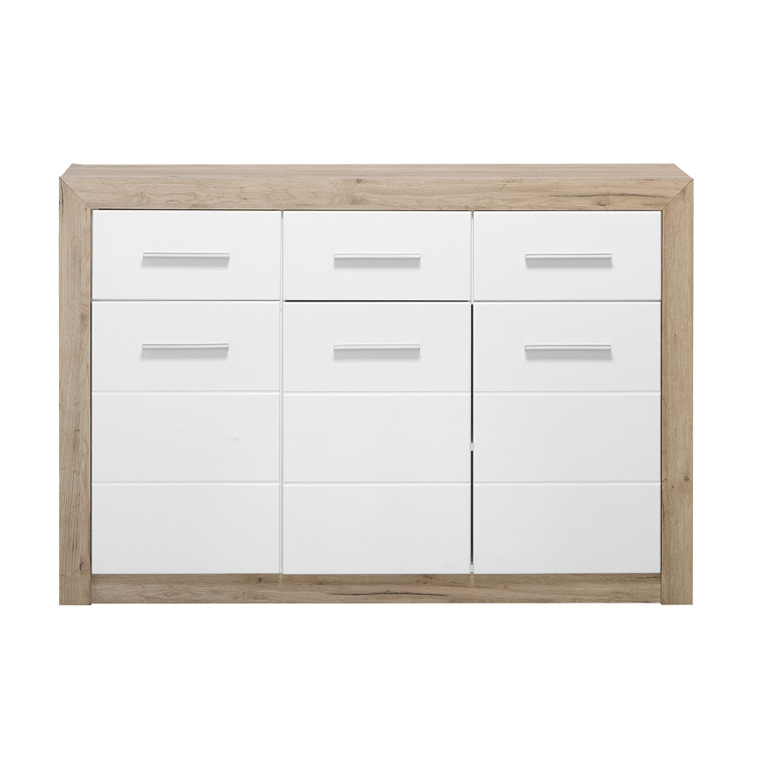 Comoda dormitor iMK®, PAL melaminat, 3 sertare, stejar gri si folie lucioasa alba, 133 x 90.5 x 35 cm