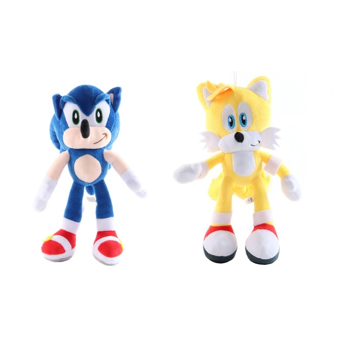 Set 2 jucarii mascota din plus, SONIC si TAILS, personajele din desenele Sonic, aproximativ 28-30 cm, multicolor
