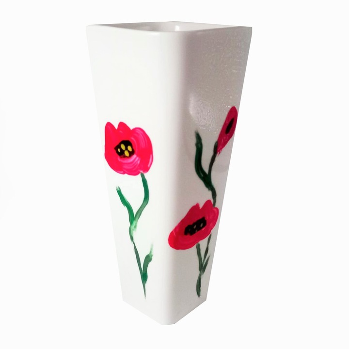 Декоративна порцеланова ваза, червен мак, ръчно рисувана, 16,5х8 см