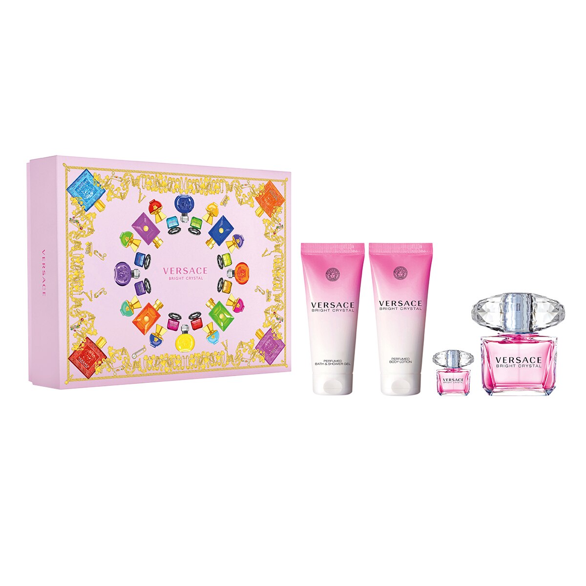 Set Versace, Bright Crystal, Femei: Apa de Toaleta, 90 ml + Gel de dus, 100 ml + Lotiune de corp, 100 ml + Apa de Toaleta, 5 ml
