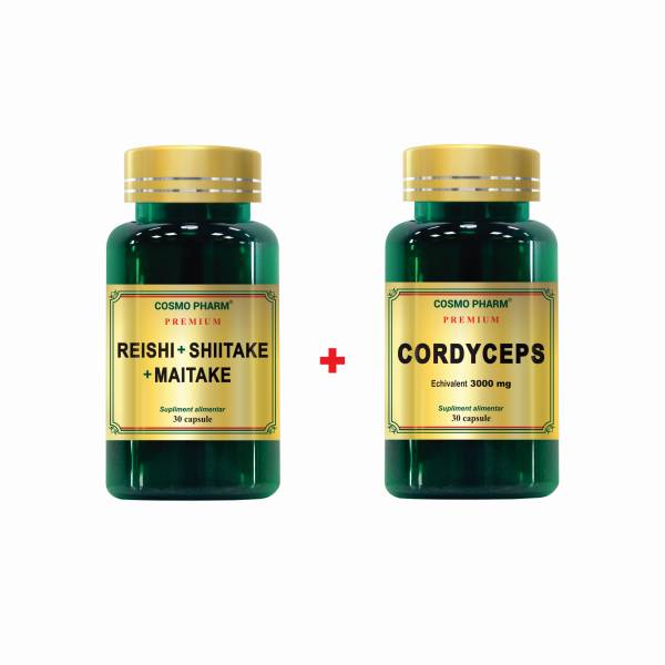 Pachet Promo Ciuperci Medicinale Antivirale: Supliment Alimentar Reishi Shiitake Maitake, 30 Capsule + Supliment Alimentar Cordyceps 300Mg, 30 Capsule