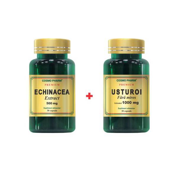 Pachet Promo Antibiotic Natural: Supliment Alimentar Echinacea Extract 500Mg, 30 Capsule + Supliment Alimentar Usturoi Fara Miros 1000Mg, 30 Capsule