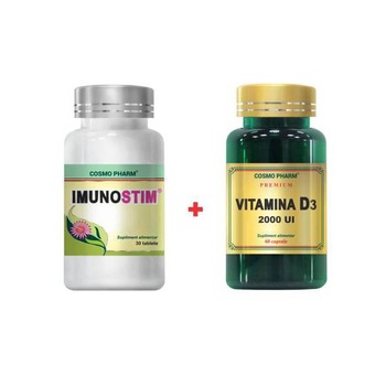 Pachet Promo Imunostimulator: Supliment Alimentar Imunostim, 30 Tablete + Supliment Alimentar Vitamina D3 2000 Ui, 60 Capsule Pachet Promo Imunostimulator: Supliment Alimentar Imunostim, 30 Tablete + Supliment Alimentar Vitamina D3 2000 Ui, 60 Capsule