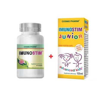 Pachet Promo Imunitate pentru intreaga familie: Supliment Alimentar Imunostim, 30 Tablete + Sirop Imunostim Junior, 125Ml Pachet Promo Imunitate pentru intreaga familie: Supliment Alimentar Imunostim, 30 Tablete + Sirop Imunostim Junior, 125Ml