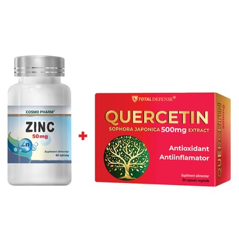 Pachet Promo Protectie imunitara: Supliment alimentar Zinc 50 mg, 60 tablete + Supliment alimentar Quercetin 500 mg, 30 capsule Pachet Promo Protectie imunitara: Supliment alimentar Zinc 50 mg, 60 tablete + Supliment alimentar Quercetin 500 mg, 30 capsule