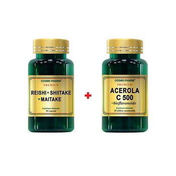 Pachet Promo Antiinfectios si Antiviral Natural: Supliment Alimentar Reishi Shiitake Maitake, 30 Capsule + Supliment Alimentar Acerola C 500 Bioflavonoide, 20 Tablete Pachet Promo Antiinfectios si Antiviral Natural: Supliment Alimentar Reishi Shiitake Maitake, 30 Capsule + Supliment Alimentar Acerola C 500 Bioflavonoide, 20 Tablete
