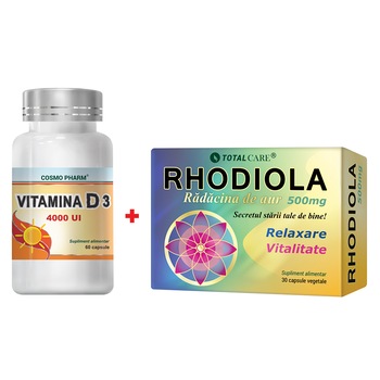 Pachet Promo Boost your Spirit: Supliment Alimentar Vitamina D3 4000 Ui, 60 Capsule + Supliment Alimentar Rhodiola Extract 500Mg, 30 Capsule Pachet Promo Boost your Spirit: Supliment Alimentar Vitamina D3 4000 Ui, 60 Capsule + Supliment Alimentar Rhodiola Extract 500Mg, 30 Capsule