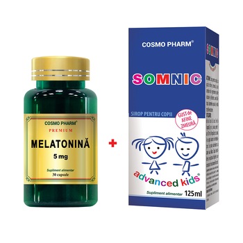 Pachet Promo SOMN LINISTIT: Supliment Alimentar Melatonina 5Mg, 30 Capsule + Sirop Somnic, 125Ml Pachet Promo SOMN LINISTIT: Supliment Alimentar Melatonina 5Mg, 30 Capsule + Sirop Somnic, 125Ml
