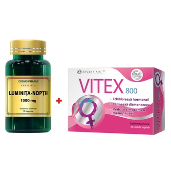 Pachet Promo Echilibru Hormonal Feminin: Supliment Alimentar Luminita Noptii 1000Mg, 30 Capsule + Supliment alimentar Vitex 800, 30 capsule Pachet Promo Echilibru Hormonal Feminin: Supliment Alimentar Luminita Noptii 1000Mg, 30 Capsule + Supliment alimentar Vitex 800, 30 capsule