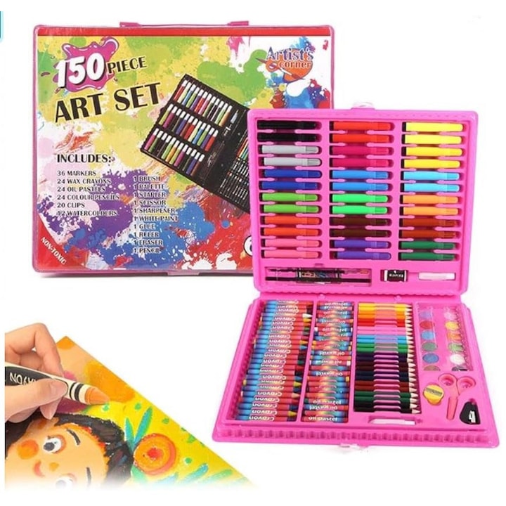 150 részes festő színező rajzkészlet, rózsaszín táskában