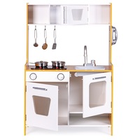 bucatarie pentru copii kindervibe din lemn natural include cuptor microunde telefon chiuveta rafturi depozitare cu accesorii pentru gatit efecte sonore si luminoase 90 cm inaltime alb imagen 9_0_
0