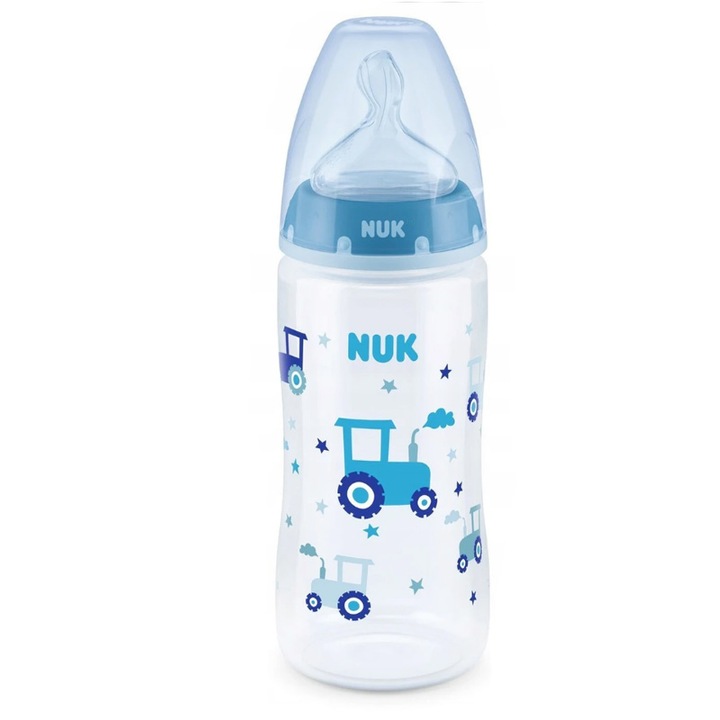 Бебешка бутилка NUK, Полипропилен, силиконов биберон, 360 ml, син, 6-18 месеца