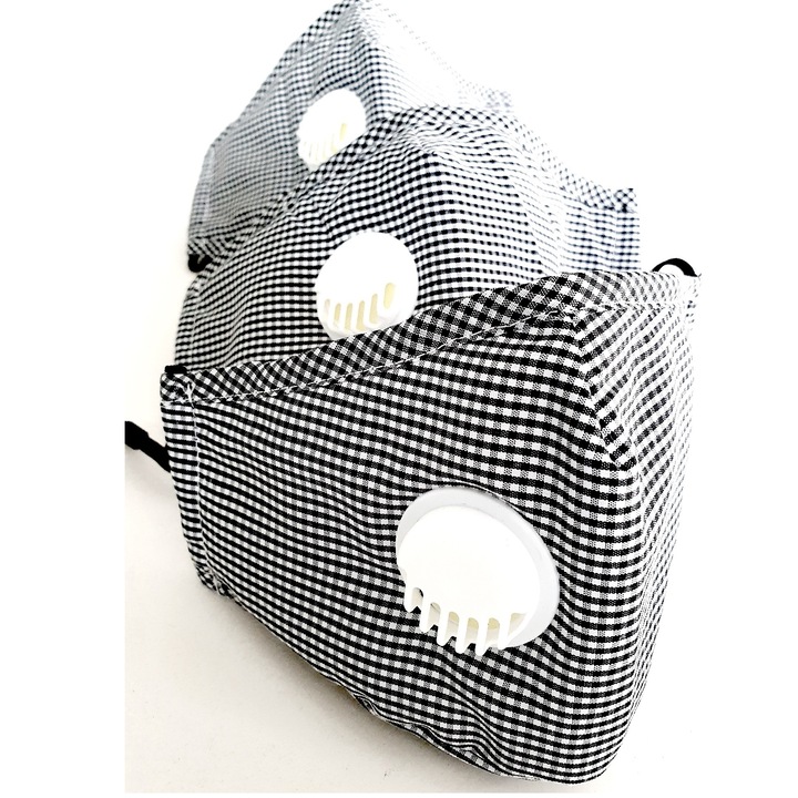 Set 3 masti protectie faciala reutilizabile, Lunglife®, 10 filtre, cu valva de expiratie, din bumbac, cu model Alb/Negru