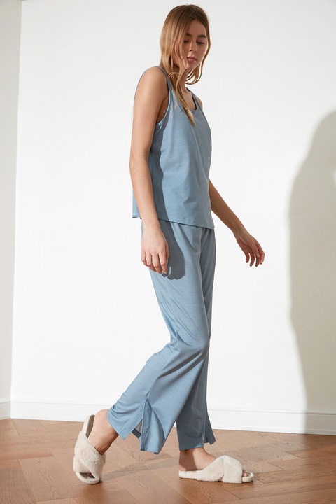 Trendyol, Pijama din amestec de viscoza, Albastru lavanda, S