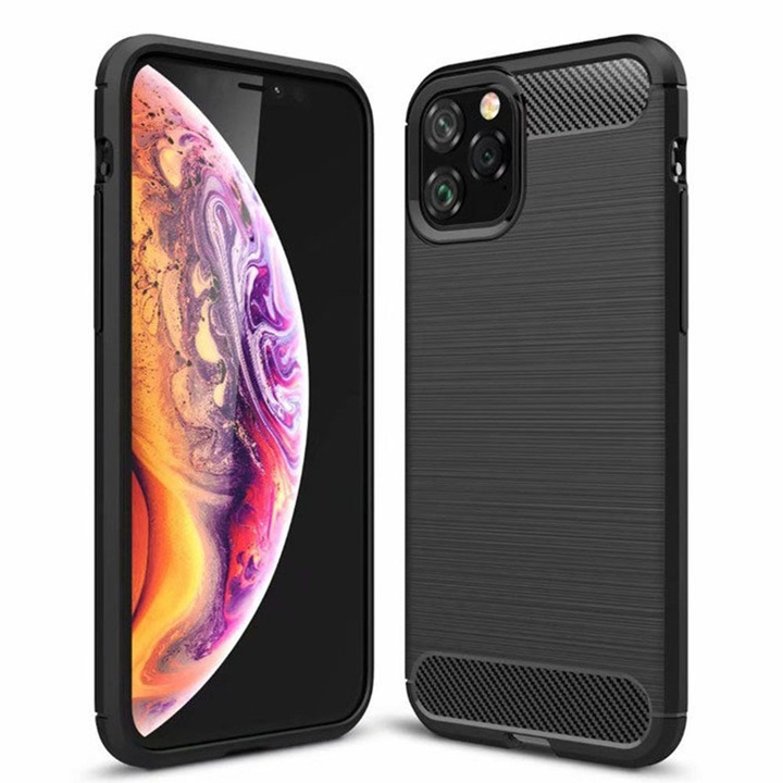 Защитен калъф Mat-Tech, съвместим с iPhone 12 / 12 Pro Carbon текстура, Матово покритие, Anti-Shock, Anti-Fingerprint, Удароустойчивост, Черен