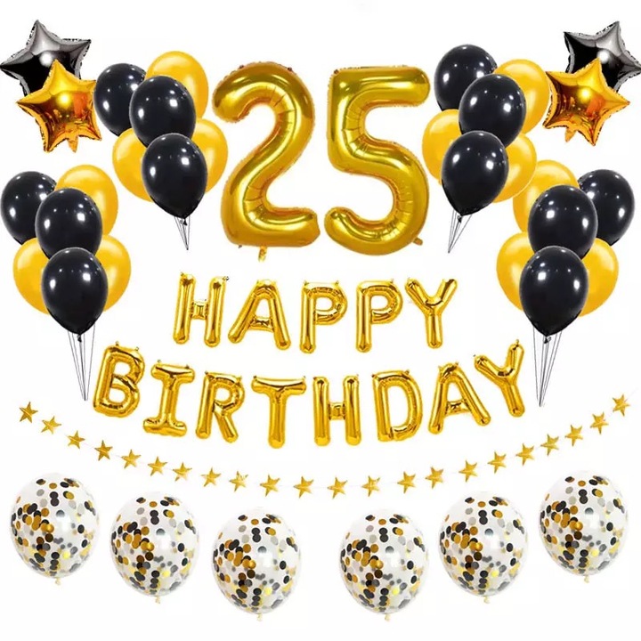 Set 54 baloane cifre 25 ani, Happy Birthday, Confetii, Glam Your Party, Negru, Auriu, 80 cm