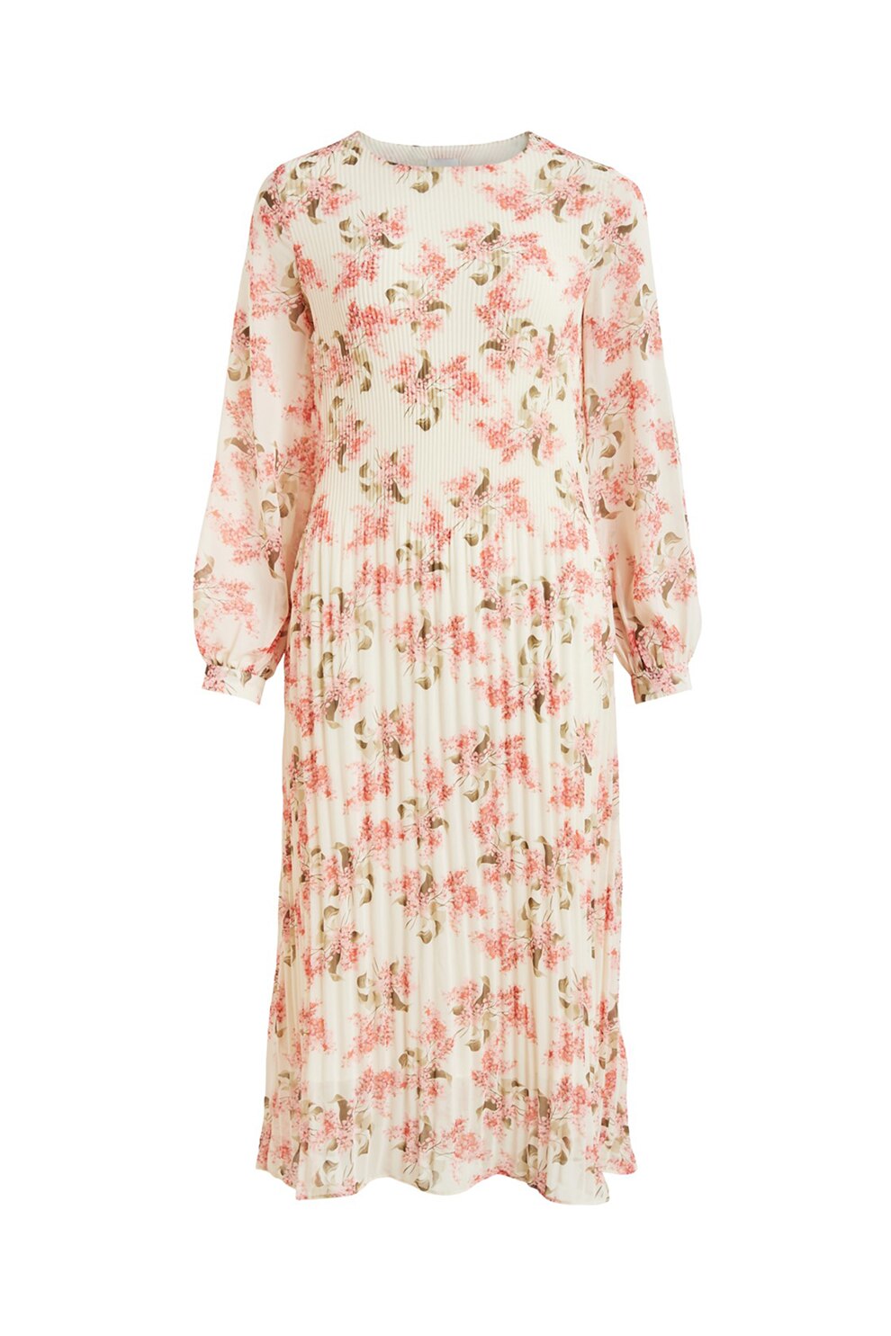 Vila, Rochie midi cu model floral, Bej/Roz/Verde