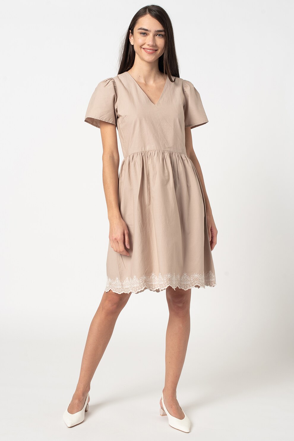 Vila, Rochie evazata de bumbac organic Olga, Grej/Alb, L