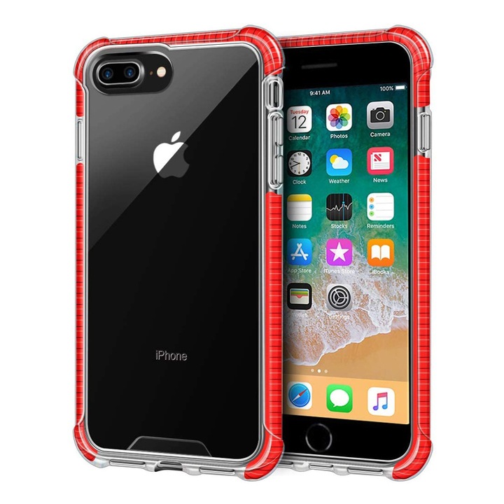 Калъф за iPhone 8 / 7, Mobilesmart, Hybrid Anti-Shock, прозрачен гръб, червен