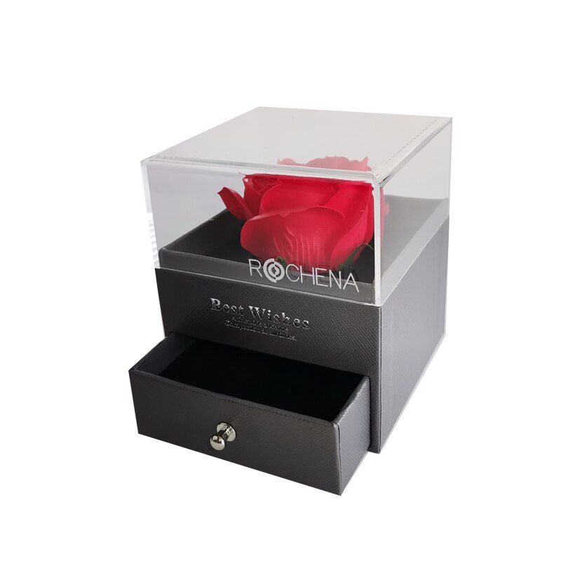 Cutie de bijuterii cu sertar si un singur trandafir de sapun, Gri, 8.5 x 8.5 x 10cm