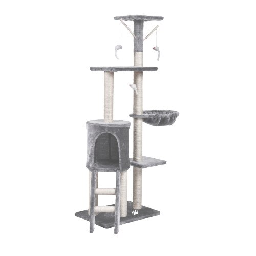 Ansamblu de joaca pentru pisici, TimeTrade, XL, cordon, copac, soarece, gri deschis