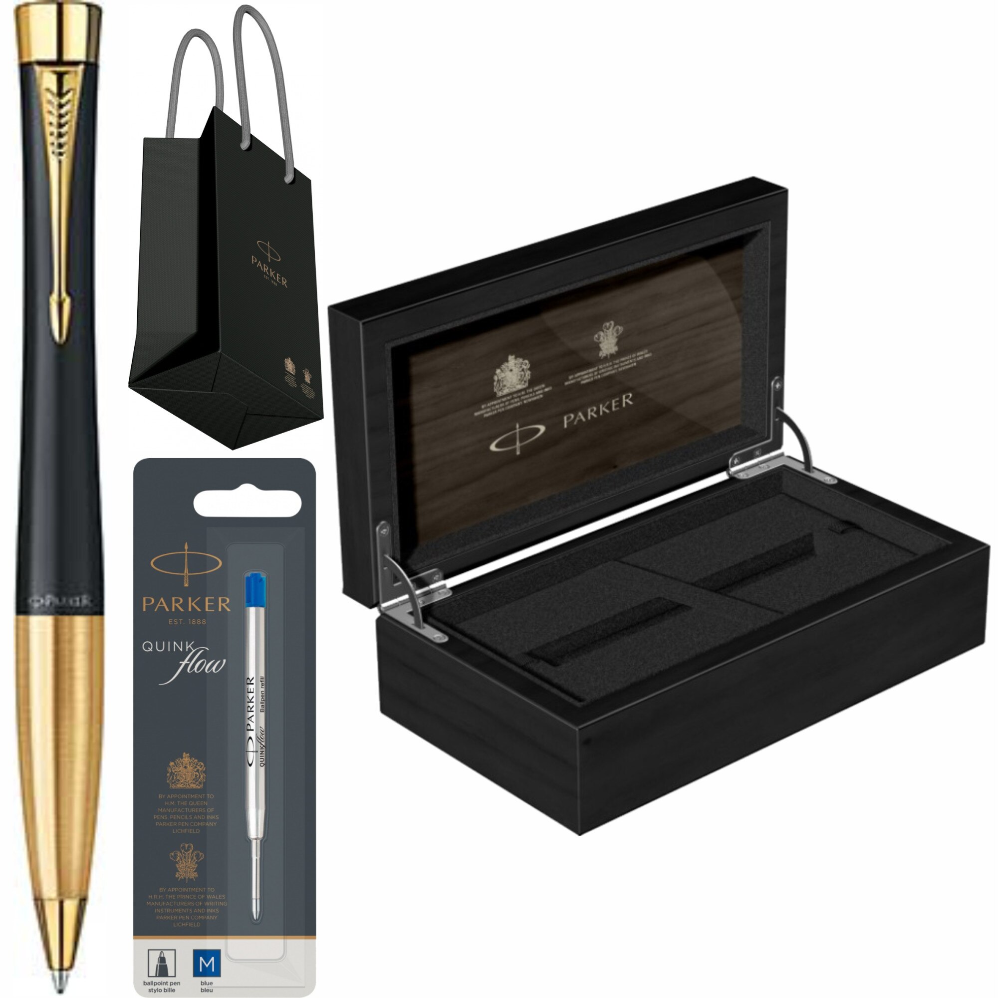 Set Parker Pix Urban Standard Muted Black GT Personalizat prin Gravura Laser cu rezerva mina pix Quink Flow Albastru M/ F in cutie de lemn si punga
