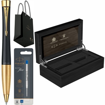 Set Parker Pix Urban Standard Muted Black GT Personalizat prin Gravura Laser cu rezerva mina pix Quink Flow Albastru M/ F in cutie de lemn si punga Set Parker Pix Urban Standard Muted Black GT Personalizat prin Gravura Laser cu rezerva mina pix Quink Flow Albastru M/ F in cutie de lemn si punga