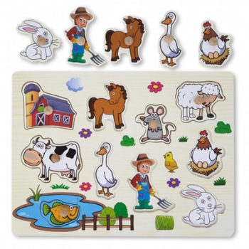 Puzzle cu animale Ferma din lemn cu maner ajutator 10 piese Puzzle cu animale Ferma din lemn cu maner ajutator 10 piese